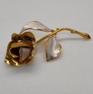 Vintage Cerrito Golden Stemmed Rose Frosted With A Rich White Enamel Brooch